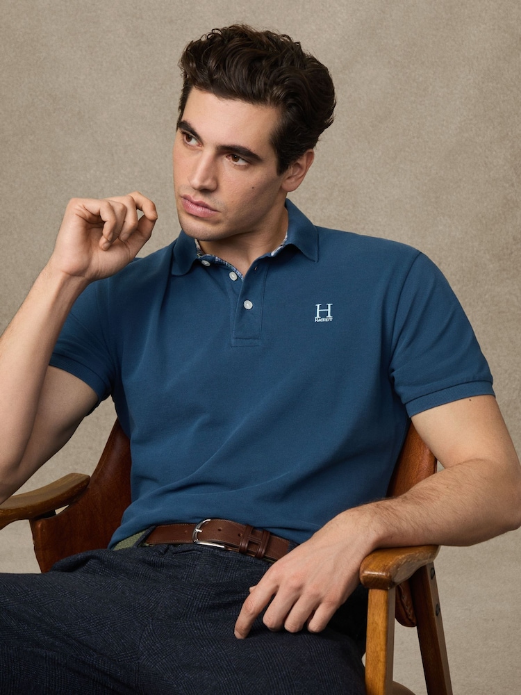 Hackett Classic Fit Blue Short Sleeve Madras Trim Polo Shirt - Image 1 of 6