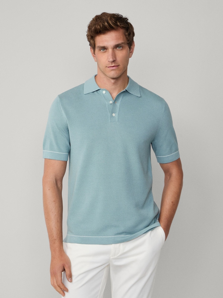 Hackett Blue Short Sleeve Textured Knitted Polo Shirt - Image 2 of 5