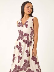Roman Brown Petite Floral Print Button Detail Midi Dress - Image 1 of 5