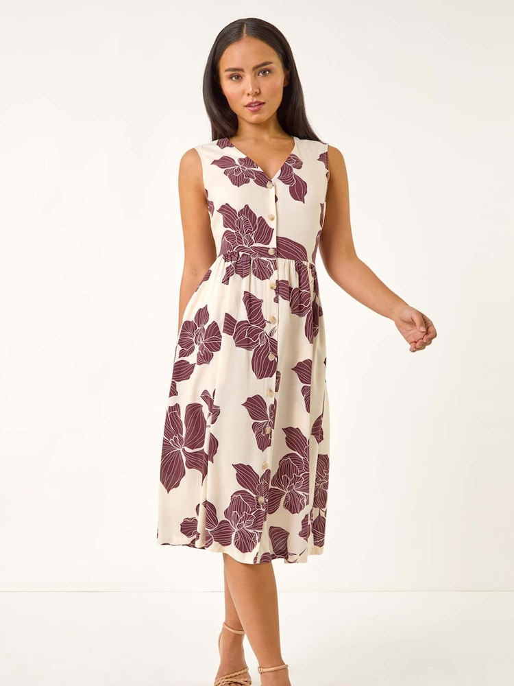 Roman Brown Petite Floral Print Button Detail Midi Dress - Image 2 of 5