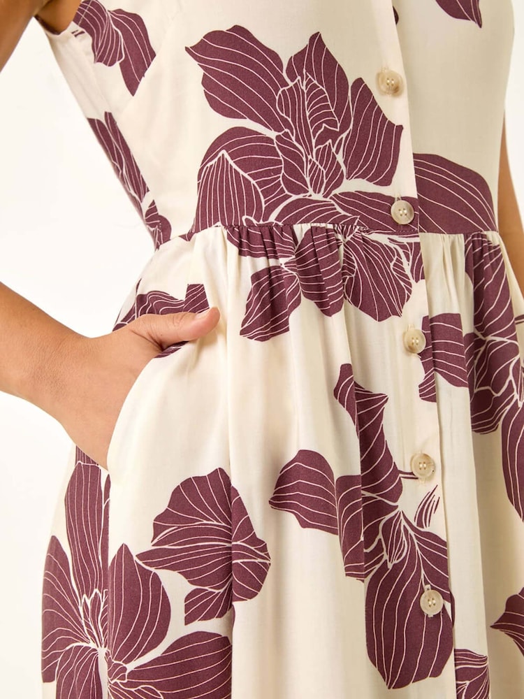 Roman Brown Petite Floral Print Button Detail Midi Dress - Image 5 of 5