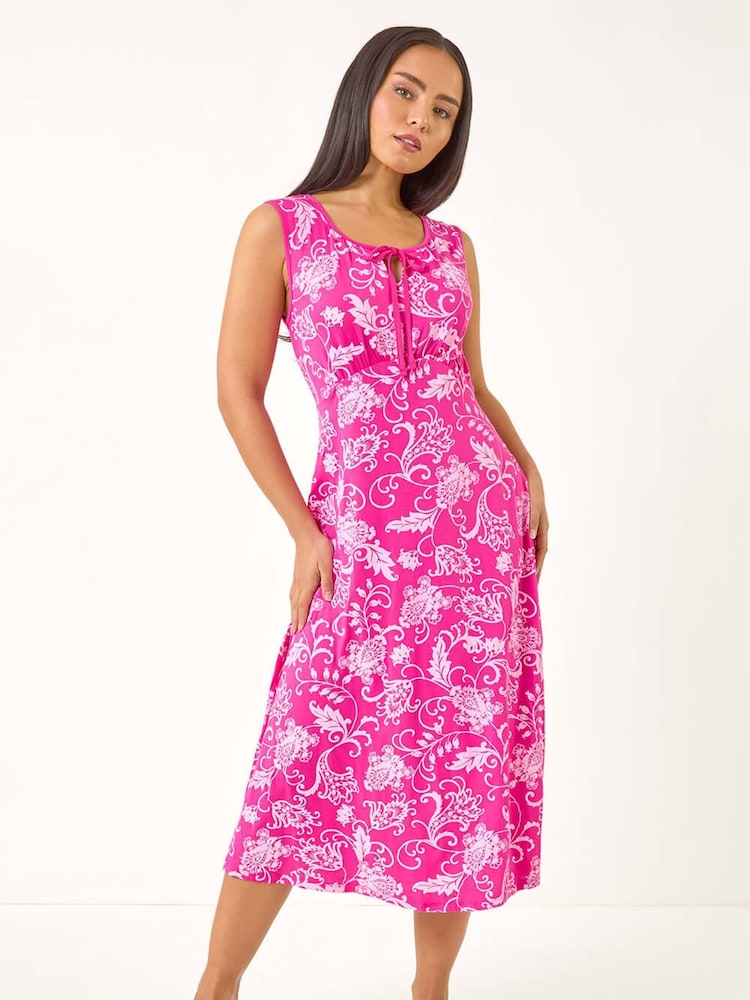 Roman Pink Petite Paisley Print Tie Front Midi Dress - Image 2 of 5