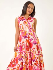 Roman Pink Petite Floral Print Contrast Tiered Collar Dress - Image 1 of 5