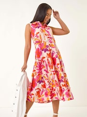 Roman Pink Petite Floral Print Contrast Tiered Collar Dress - Image 2 of 5