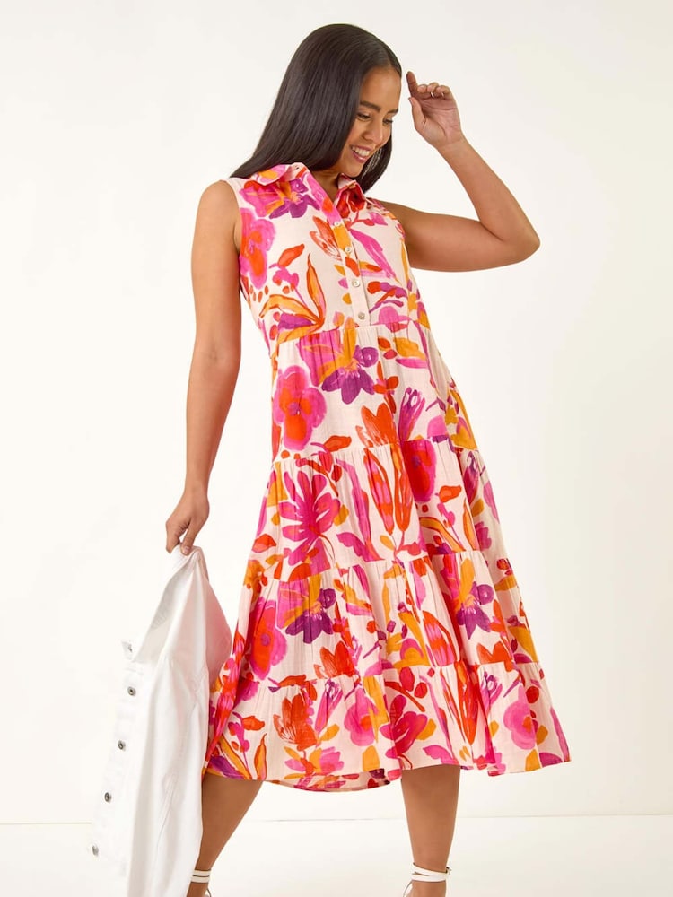 Roman Pink Petite Floral Print Contrast Tiered Collar Dress - Image 2 of 5