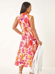 Roman Pink Petite Floral Print Contrast Tiered Collar Dress - Image 3 of 5