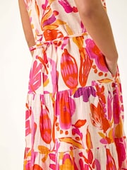 Roman Pink Petite Floral Print Contrast Tiered Collar Dress - Image 5 of 5