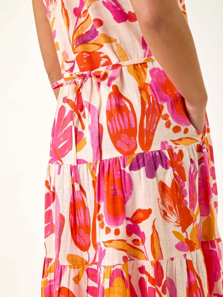 Roman Pink Petite Floral Print Contrast Tiered Collar Dress - Image 5 of 5