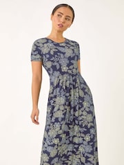 Roman Blue Petite Floral Print Midi Stretch Dress - Image 1 of 5