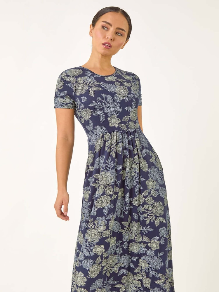 Roman Blue Petite Floral Print Midi Stretch Dress - Image 1 of 5