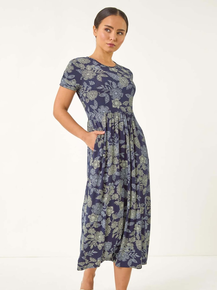 Roman Blue Petite Floral Print Midi Stretch Dress - Image 2 of 5