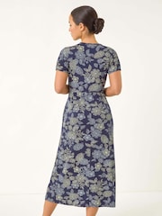 Roman Blue Petite Floral Print Midi Stretch Dress - Image 3 of 5