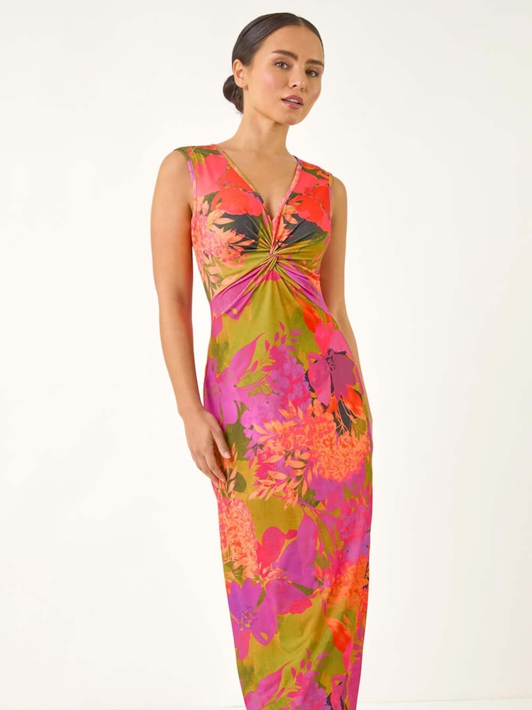 Roman Orange Petite Floral Print Twisted Stretch Maxi Dress - Image 2 of 5