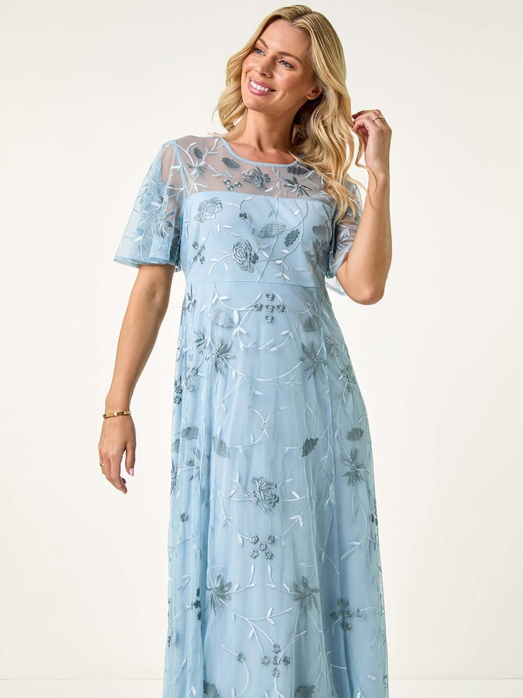Roman Blue Petite Embroidered Midi Dress - Image 1 of 5