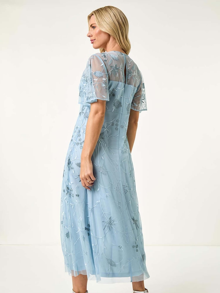 Buy Roman Blue Petite Embroidered Mesh Midi Dress from Next USA