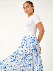Roman Blue Petite Floral Print Pleated Midi Skirt - Image 1 of 5