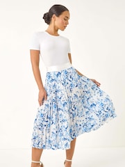 Roman Blue Petite Floral Print Pleated Midi Skirt - Image 2 of 5