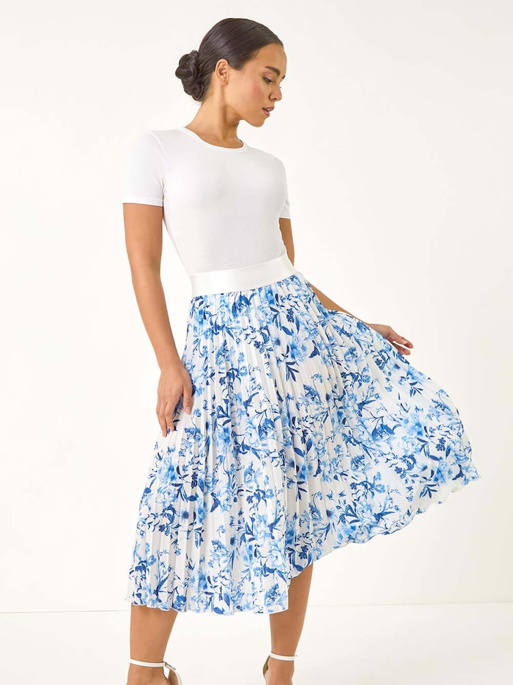 Roman Blue Petite Floral Print Pleated Midi Skirt - Image 2 of 5