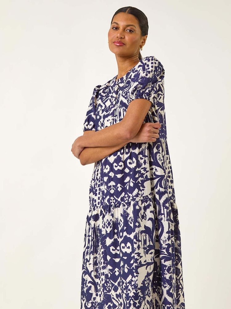 Azul - Vestido midi com estampa abstrata romana - Imagem 1 de 5