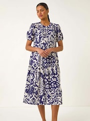 Azul - Vestido midi com estampa abstrata romana - Imagem 2 de 5