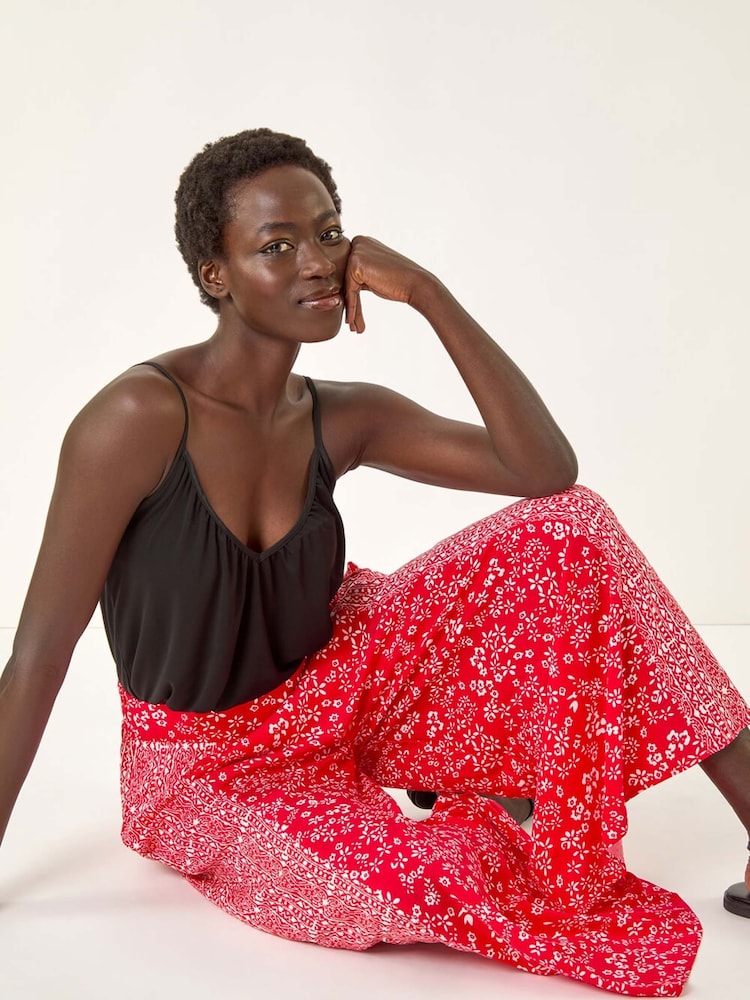 Roman Red Floral Print Wide Leg Palazzo Culottes Trousers - Image 1 of 5