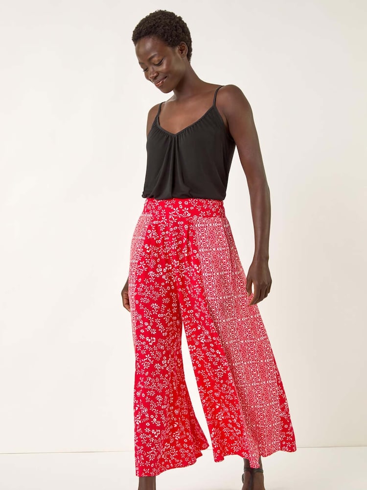 Roman Red Floral Print Wide Leg Palazzo Culottes Trousers - Image 2 of 5