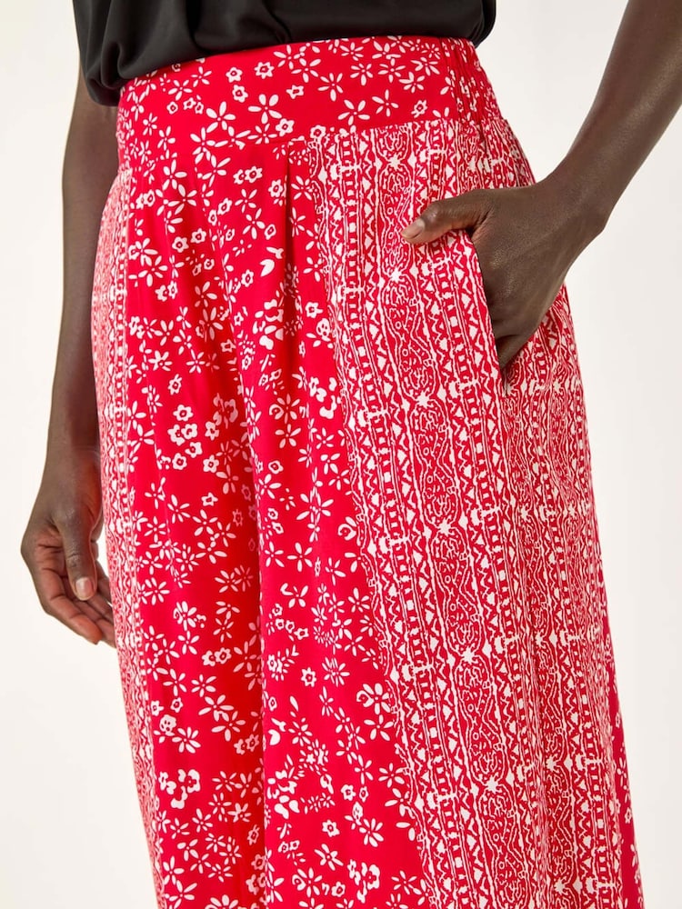 Roman Red Floral Print Wide Leg Palazzo Culottes Trousers - Image 5 of 5