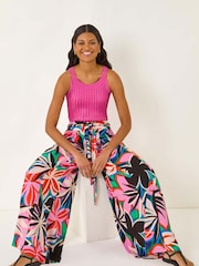 Roman Pink Abstract Print Pocket Palazzo Wide Leg Trousers - Image 1 of 5