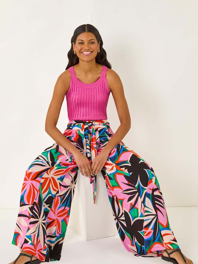 Roman Pink Abstract Print Pocket Palazzo Wide Leg Trousers - Image 1 of 5