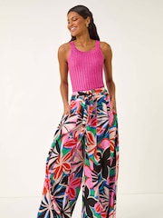 Roman Pink Abstract Print Pocket Palazzo Wide Leg Trousers - Image 2 of 5