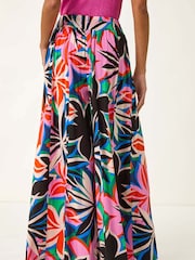 Roman Pink Abstract Print Pocket Palazzo Wide Leg Trousers - Image 3 of 5