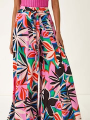 Roman Pink Abstract Print Pocket Palazzo Wide Leg Trousers - Image 4 of 5