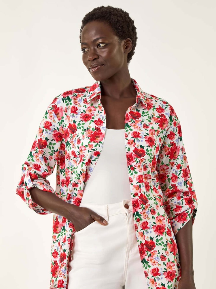Roman Red Floral Print Collared Tab Sleeve Shirt - Image 1 of 5 Roman Red Floral Print Collared Tab Sleeve Shirt - Image 1 of 5