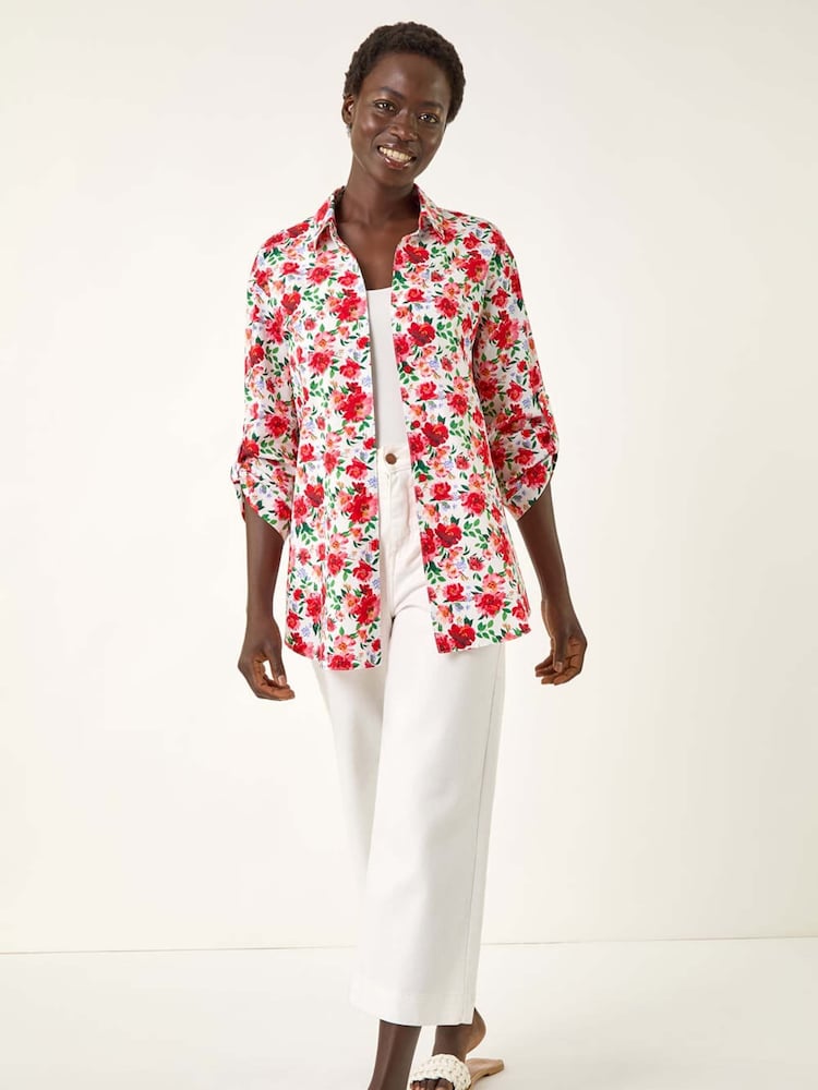 Roman Red Floral Print Collared Tab Sleeve Shirt - Image 2 of 5