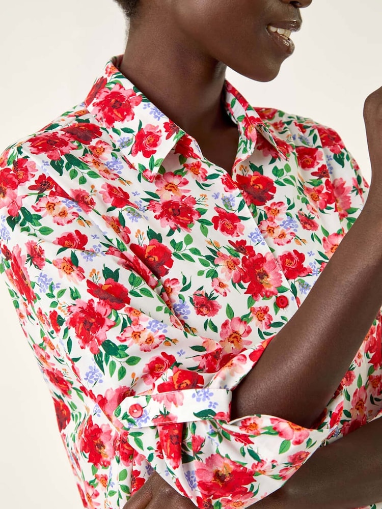 Roman Red Floral Print Collared Tab Sleeve Shirt - Image 5 of 5 Roman Red Floral Print Collared Tab Sleeve Shirt - Image 5 of 5