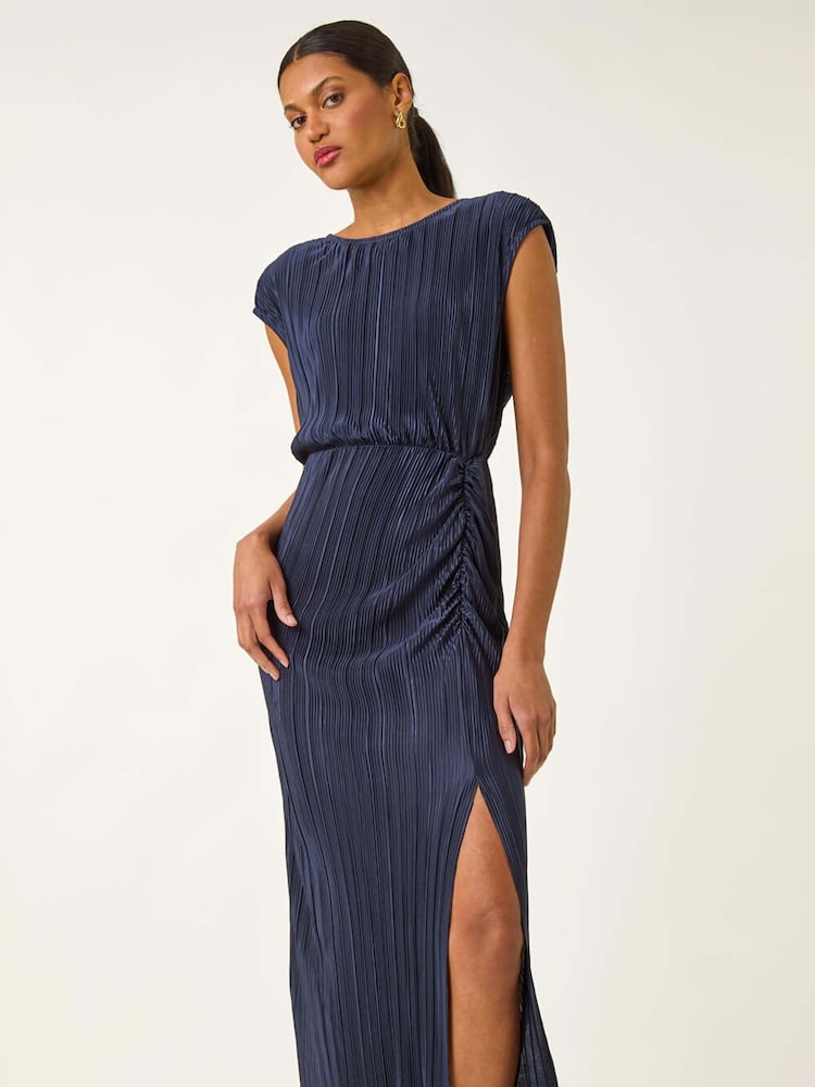 Roman Blue Plisse Cowl Back Midi Dress - Image 1 of 5