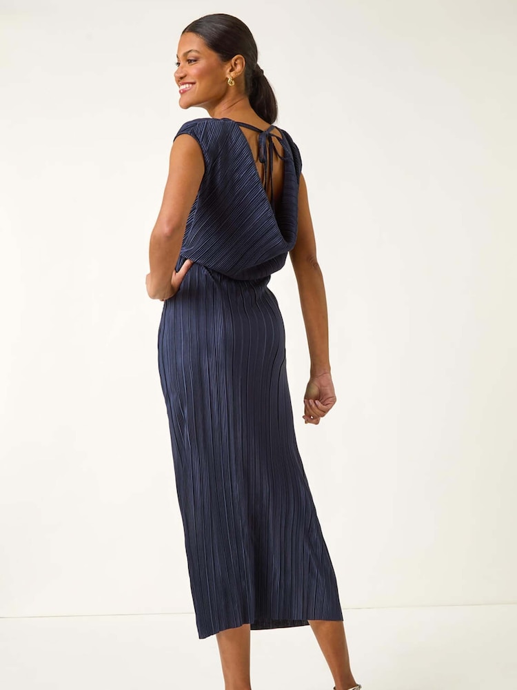 Roman Blue Plisse Cowl Back Midi Dress - Image 2 of 5