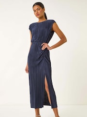 Roman Blue Plisse Cowl Back Midi Dress - Image 3 of 5