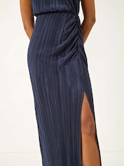 Roman Blue Plisse Cowl Back Midi Dress - Image 5 of 5