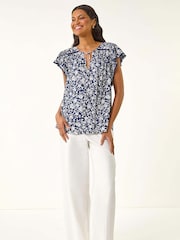 Roman Blue Floral Print Frill Sleeve Tie Blouse - Image 1 of 5