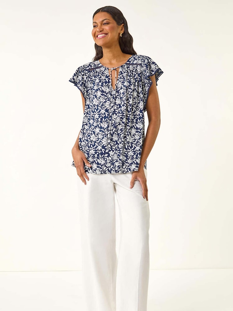 Roman Blue Floral Print Frill Sleeve Tie Blouse - Image 1 of 5