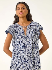Roman Blue Floral Print Frill Sleeve Tie Blouse - Image 2 of 5