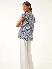 Roman Blue Floral Print Frill Sleeve Tie Blouse - Image 3 of 5