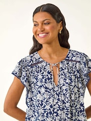 Roman Blue Floral Print Frill Sleeve Tie Blouse - Image 4 of 5