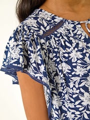 Roman Blue Floral Print Frill Sleeve Tie Blouse - Image 5 of 5