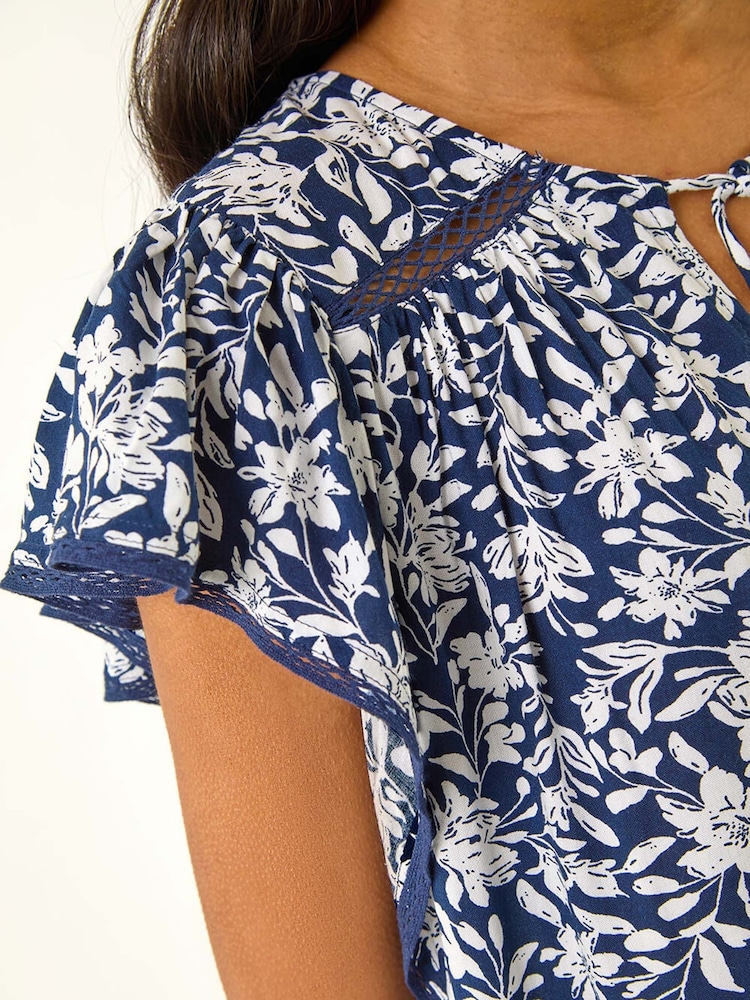 Roman Blue Floral Print Frill Sleeve Tie Blouse - Image 5 of 5