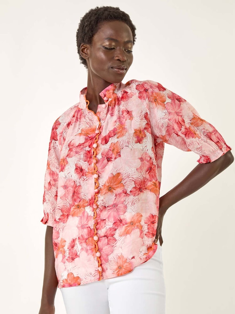 Roman Orange Floral Print Button Detail Blouse - Image 1 of 5