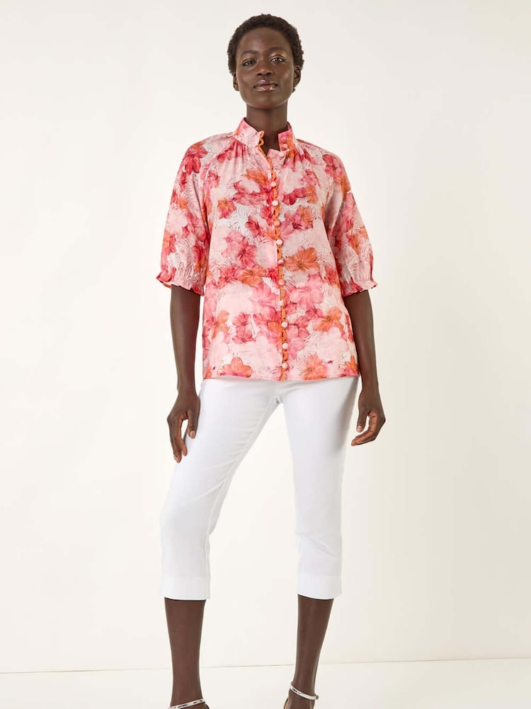 Roman Orange Floral Print Button Detail Blouse - Image 2 of 5