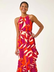 Roman Pink Floral Print Frill Wrap Midi Dress - Image 1 of 5