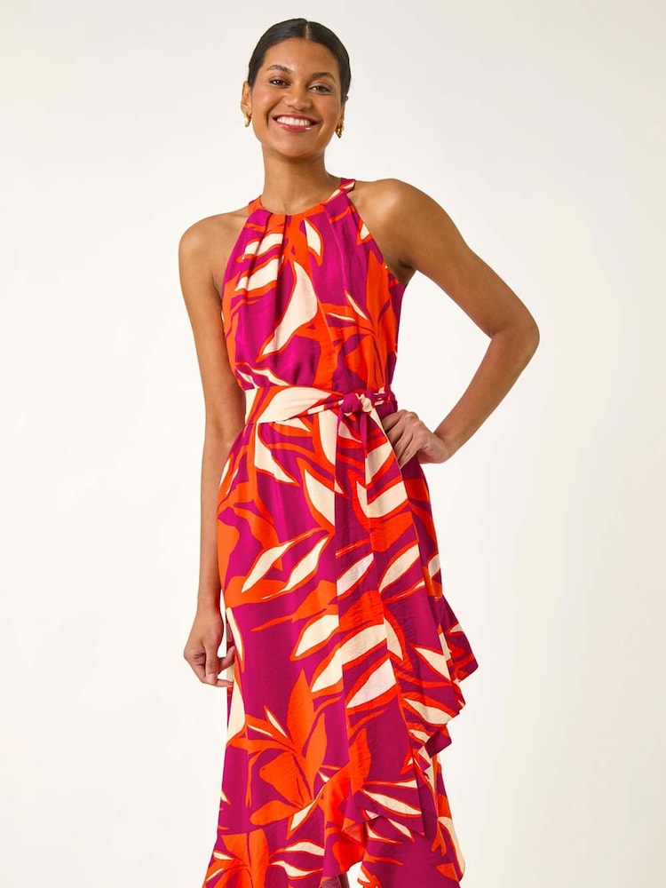 Roman Pink Floral Print Frill Wrap Midi Dress - Image 1 of 5